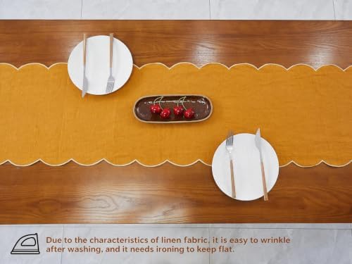 100% Natural Linen Rustic Scalloped Embroidery Table Runner 90 Inches Long, Linen Table Runner 14 x 90 Inch for Dresser and Dining Tables Decor, 6-8 Sets, 14''x90'', Rust(Edges-Gold) - Image 4