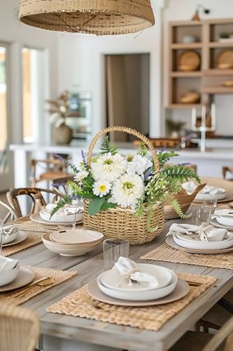 Dahlia Artificial Flowers, Spring/Summer Flower Centerpieces for Tables Silk Flower Arrangements with Woven Basket Fake Dahlia with Daisies & Lavender White Flower Arrangement for Kitchen Dinner Table - Image 4