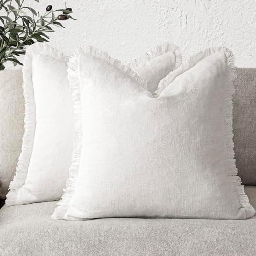 Foindtower Decorative Linen Fringe Throw Pillow Covers 20×20 Inch,White by Foindtower