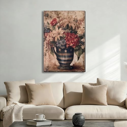 ZERILYN Ship Next Day – Patriotic Stars and Stripes Canvas Print, USA Flag Flower Arrangement Wall Decor, Red White Blue Vintage Home Decoration - Image 2