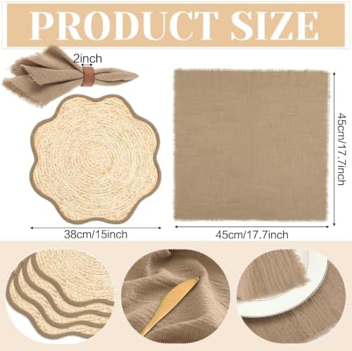 8 Set Boho Placemats with Table Runner, Scalloped Woven, Khaki - Image 2