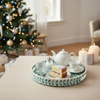 PEMAR 12.6” Mother of Pearl Round Serving Tray with Handles, Decorative Nacred Wooden Ottoman Coffee Table Tray (Teal Floral Pattern) - Image 2