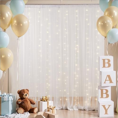 20x10ft White Tulle Backdrop Curtain with Lights String for Parites, Sheer Backdrop Curtains for Wedding Baby Shower Birthday Party Photo Shoot Decorations - Image 2