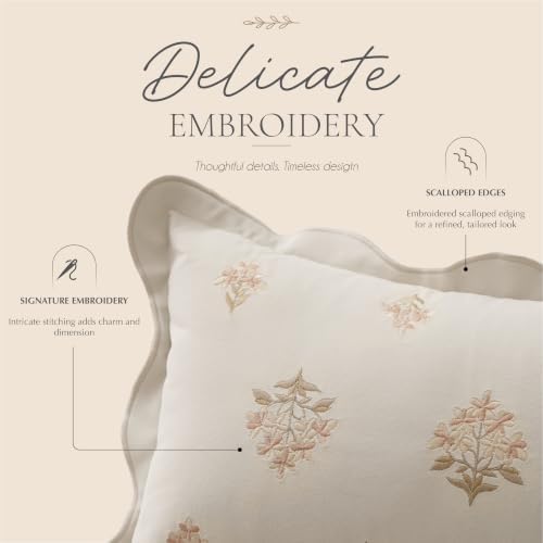 BlissBlush Long Lumbar Pillow Cover 14x36 for Bed, Cream White Velvet Decorative Lumbar Pillow Cover, Floral Accent Cushion Cover with Embroidery and Scalloped Edge for Couch Sofa Bed, Cover ONLY - Image 2