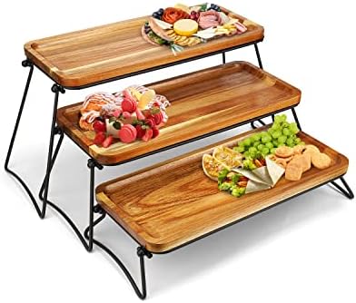 Manspdier Wood 3 Tier Serving Tray Three Tiered Stand, Rectangle Platter Wooden Farmhouse Tray, Party Dishes for Entertaining, Rustic Vintage Trays & Platters - Image 3