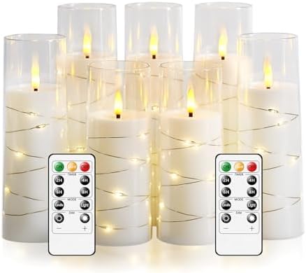 Flameless Candles,with Embedded Star String, Battery Operated Candles Flickering LED Pillar Candles with Remote Control and Timer, Home Decoration Add a Warm and Romantic Atmosphere，Set of 7 (White) by sasigeiaa