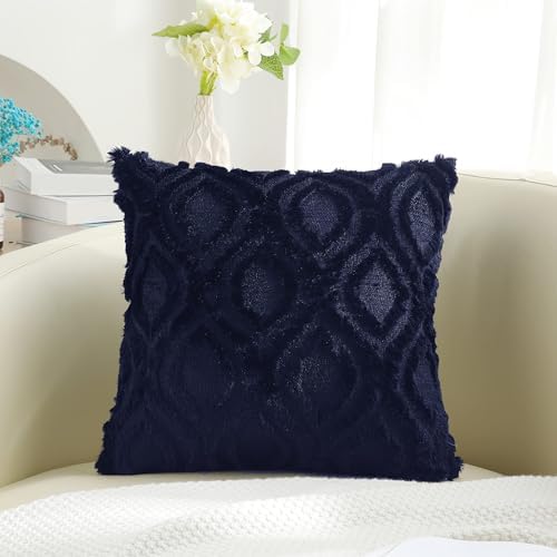 decorUhome Faux Fur Plush Soft Navy Blue Throw Pillow Covers 24x24 Set of 2 - Image 6