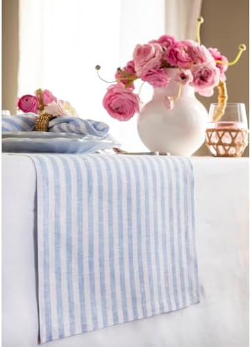 Solino Home 100% Linen Table Runner, 14 x 60 in, Sky Blue and White Striped - Image 2