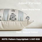 Amor Virisso Floral Throw Pillow Covers 12 x 20 Set of 2 Block Print Pillow Covers Neutral Floral Striped Farmhouse Decorative Pillow Covers for Sofa Couch Bed, Light Blue - Image 2