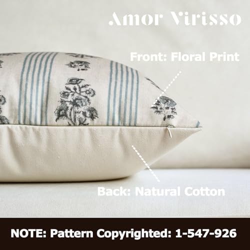 Amor Virisso Floral Throw Pillow Covers 24x24 Set of 2 Block Print Pillow Covers Neutral Floral Striped Farmhouse Decorative Pillow Covers for Sofa Couch Bed, Light Blue - Image 2