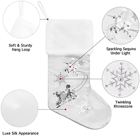 GEX Christmas Stockings 5 Pack for Family 20" Large Silver Gray Satin with Sequins Faux Fur Rhinestones Embroidered Classic Luxury Fireplace Tree Decorations Ornament for Xmas Season (Set of 5) - Image 3