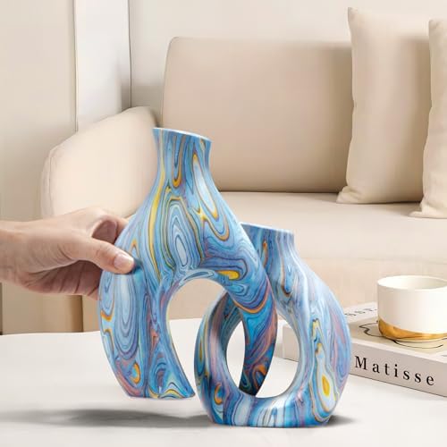 Blue Ceramic Flower Vase Set of 2, Unique Modern Decor by TZIZO - Image 2