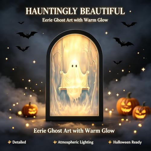 Light Up Ghost Mirror, Novelty Halloween Mirror with Ghost on the Swing, Spooky Light Up Mirrors Holiday Displays, Gothic Halloween Decorations Indoor for Wall Table Mantel Room Home Office Party (#2) - Image 3