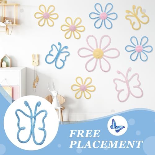 Wesiti 9 Pcs Boho Nursery Decor 3 Size Daisy Flower and Butterflies Woven Macrame Wall Hanging for Home Nursery Bedroom Dorm Wall Art(Classic Color) - Image 4