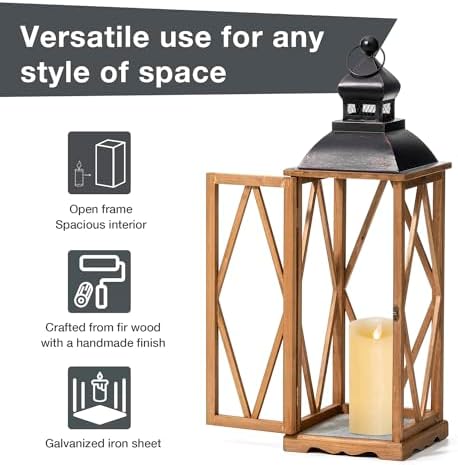 Glitzhome Decorative Candle Lanterns, 2 Pack Farmhouse Lanterns Decor, Vintage Hanging Candle Holder Wooden Lantern Decorative Indoor&Outdoor for Patio, Porch, Entryway, Centerpieces (No Glass) - Image 4