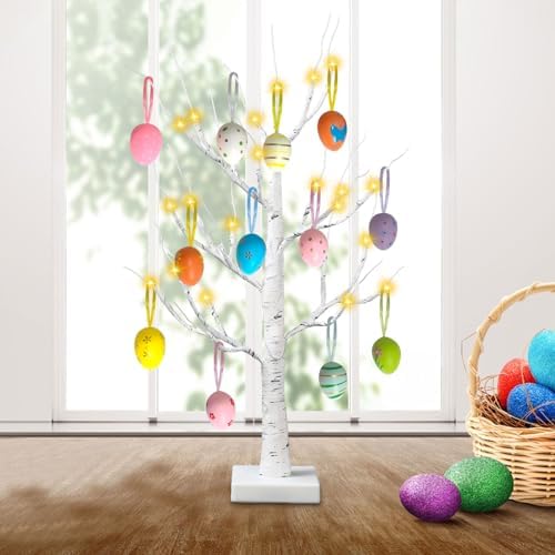 2 Pack Easter Decorations 24 Inch Artificial Lighted Easters Egg Tree, Pre-lit White Birch Tree with 12 Hanging Egg Ornaments for Party Birthday Home Spring Decoration - Image 5