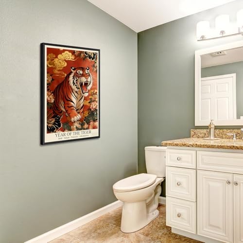 Chinese Lunar Year of the Tiger Art Print – Bold Valiant Powerful Adventurous Zodiac Wall Decor with Red Peony & Gold Cloud Pattern for Home Office and Apartment 24X36 in Wrapped Framed - Image 5
