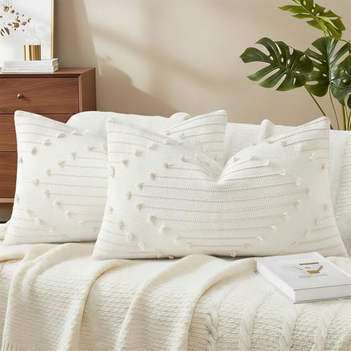 Mecatny Boho Outdoor Throw Pillow Covers 12x20 Set of 2 Beige & Cream White by Mecatny