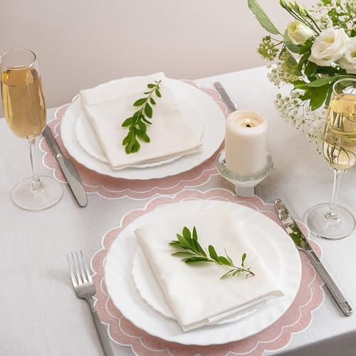 Set of 8 Cotton Linen Placemats, 15x15 Scalloped Flower Embroidery Cloth Table Mats Double Layered Fabric Machine Washable Wrinkle Free Dining Placemat for Hotel Restaurant Kitchen Decor, Pink - Image 5