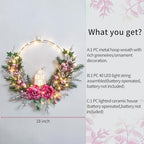 Christmas Wreath Decor -18inch Pink Wreaths for Front Door with Ball Ornament Pine Needles Berries,prelit Pink Door Wreath 40 LED Lights,Wall Fireplace Mantle and Porch Decoration - Image 5