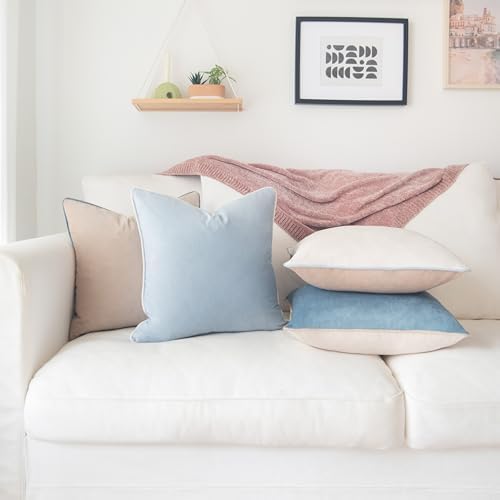 MONDAY MOOSE Decorative Throw Pillow Covers Cushion Cases, Set of 4 Soft Velvet Modern Double-Sided Designs, Mix and Match for Home Decor, Pillow Inserts Not Included (22x22 inch, Beige/Light Blue) - Image 3