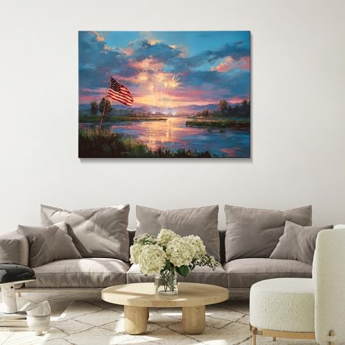 HomeifHue July 4th Patriotic Canvas Wall Art 4th of July USA Decorations Sunset Lake and American Flag with Fireworks Print Independence Day Home Decor24x36in - Image 2