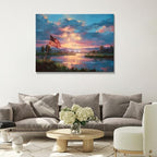 July 4th Patriotic Canvas Wall Art 4th of July USA Decorations Sunset Lake and American Flag with Fireworks Print Independence Day Home Decor 20x24in - Image 2