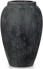 Handcrafted Flower Vase, 10.5" Tall Terracotta Vintage Black Ceramic Vases, Rustic Antique Vase Décor, Wide Mouth, Matte Finish for Home Office Resto Café Décor by Arborus