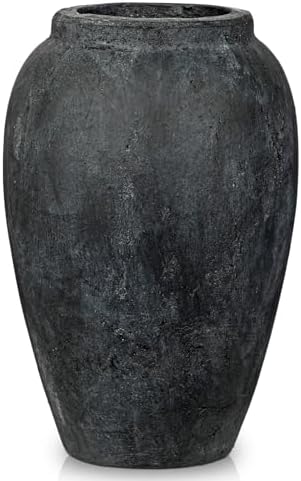Handcrafted Flower Vase, 10.5" Tall Terracotta Vintage Black Ceramic Vases, Rustic Antique Vase Décor, Wide Mouth, Matte Finish for Home Office Resto Café Décor by Arborus