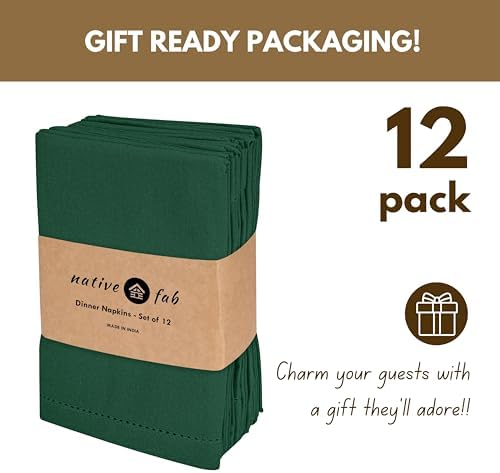 Native Fab 100% Cotton Cloth Napkins, Set of 12, Hemstitched Corners, 18x18 inch, Soft, Durable, Absorbent, Reusable, Premium Hotel Quality - Events, Lunch, Table, Dinner Napkins - Forest Green - Image 5