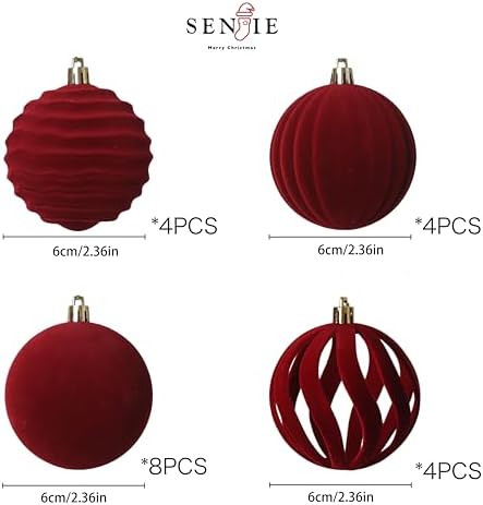 20pcs Red Velvet Christmas Ornaments Set,2.36In Burgundy Flocked Ornaments - Image 4