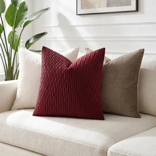 DEZENE Burgundy Throw Pillow Covers: Pack of 2 24x24 Inch Vertical Ripple Striped Velvet Square Decorative Pillow Cases for Farmhouse Couch Sofa Bed Living Room Home Decor - Image 4