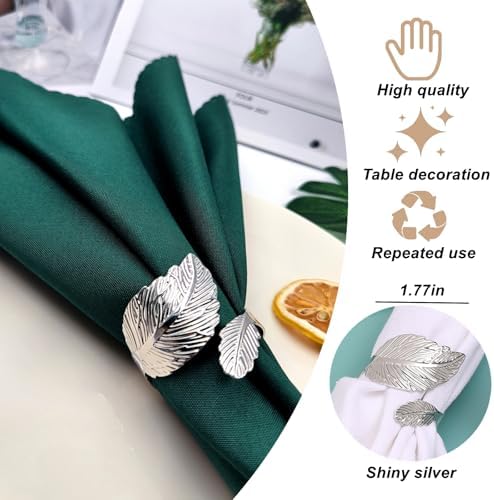 Silver Napkin Rings Set of 50,Metal Leaf Napkin Ring Silver Cloth Holders Bulk for Weddings Holiday Dinner Party Spring Thanksgiving Christmas Gathering Banquet Dinner White Table Decor(50) - Image 3