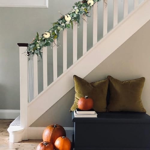 70 Inch Fall White Pumpkin Green Leaves Garland for Front Door, Fall Green Leaves Garland with Berries Pinecone Pumpkin for Indoor Outdoor, Fall Home Decor - Image 4