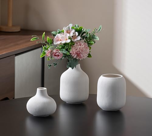 White Ceramic Vases for Decor, 3 Set Small Modern Minimalist Ribbed Vases Decorative for Table Shelf Decor Bookshelf Decoration Vase - Image 7
