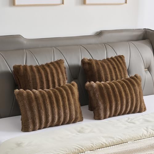 FUTEI Pack of 2 Faux Mink Fur Throw Pillow Covers 24x24 Inch, Brown - Image 6