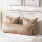 Fancy Homi Tan Boho Long Lumbar Faux Leather Body Decorative Throw Pillow Cover 14x40 Inch for Bedroom Couch Bed Sofa, Stylish Solid Rectangular Beige Pillowcase, Rustic Modern Farmhouse Room Decor - Image 2