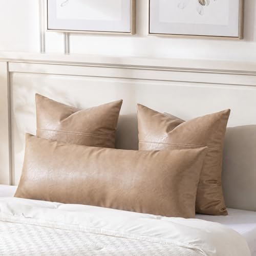 Fancy Homi Tan Boho Long Lumbar Faux Leather Body Decorative Throw Pillow Cover 14x40 Inch for Bedroom Couch Bed Sofa, Stylish Solid Rectangular Beige Pillowcase, Rustic Modern Farmhouse Room Decor - Image 2