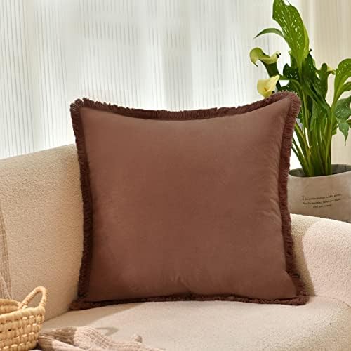 ZWJD Pillow Covers 18x18 Set of 2 Coffee Throw Pillow Covers with Fringe Chic Cotton Decorative Pillows Square Cushion Covers for Sofa Couch Bed Living Room Farmhouse Boho Decor - Image 2