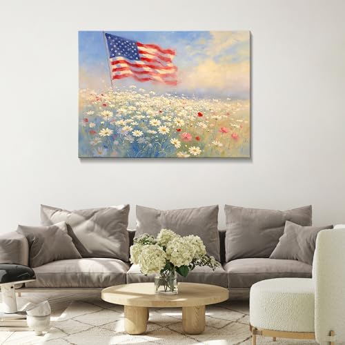 Patriotic Canvas Wall Art 4th of July American Flag in Daisy Field Oil Painting USA Flag Floral Picture Wall Decor Independence Day Home Decor for Living Room Bedroom 16x24in - Image 2
