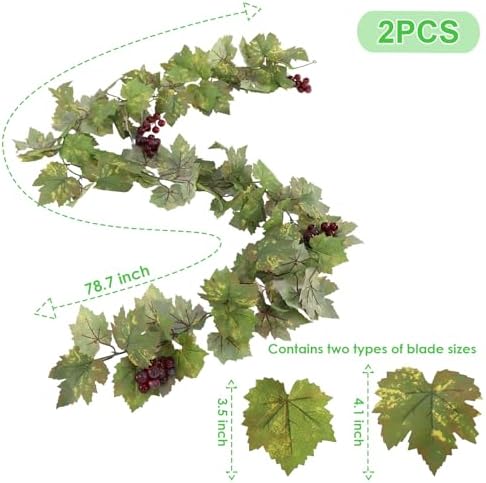 Artificial Grape Vine Leaf Garland Plant with 5 Strings Grapes, 6.5ft Artificial Fake Grape Vines Fake Greenery for Wedding Party Home Indoor Outdoors Decoration (2, Summer Leaf Garland) - Image 4