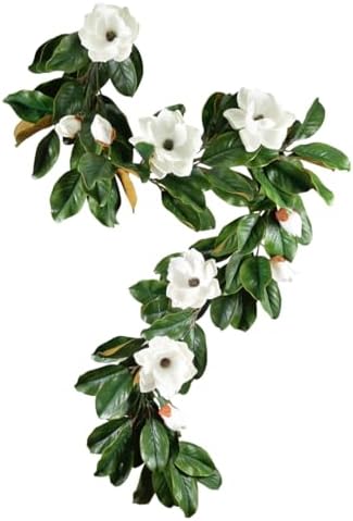 Serene Spaces Living Artificial Magnolia Leaf Garland and Wreath, Ideal to Hang at Wedding, Store Display, Window Sill, Fall Decor, Holiday Décor (72" Magnolia Garland with White Blooms - 1pc) by SereneSpacesLiving