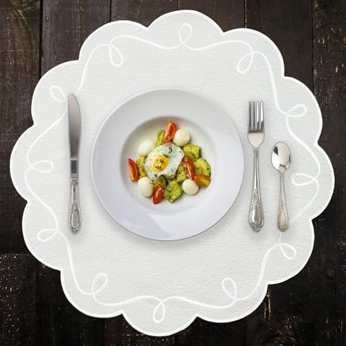 16.5 Inch Ribbon Twirl Embroidery Round Placemats Set of 4, Scalloped Round Table Mats for Party Kitchen Dining Decoration, White - Image 4