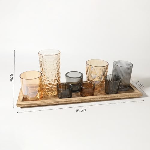 Rustic Wooden Tray with 8 Brown Glass Votive Candle Holders - Image 3