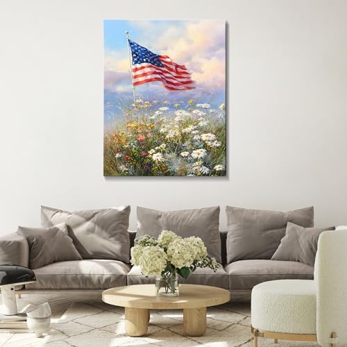 July 4th Patriotic Canvas Wall Art 4th of July USA Decorations American Flag Painting Picture Patriotic Floral Poster Independence Day Home Decor 20x24in - Image 2