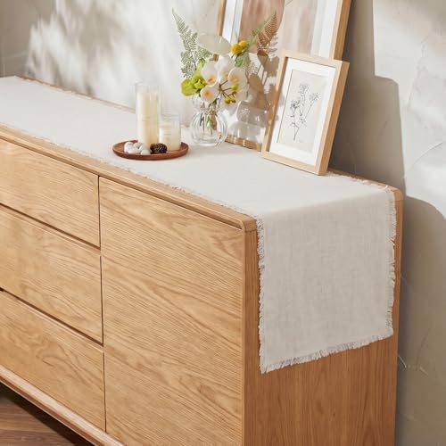 KINGSTONE 14 x 108 Inches Frayed Edge Table Runner, 270G Heavyweight Sand Washed Slub Texture Cotton Linen for Modern Farmhouse, Rustic Home Decorations Dining Room Wedding Boho Decor, White - Image 4