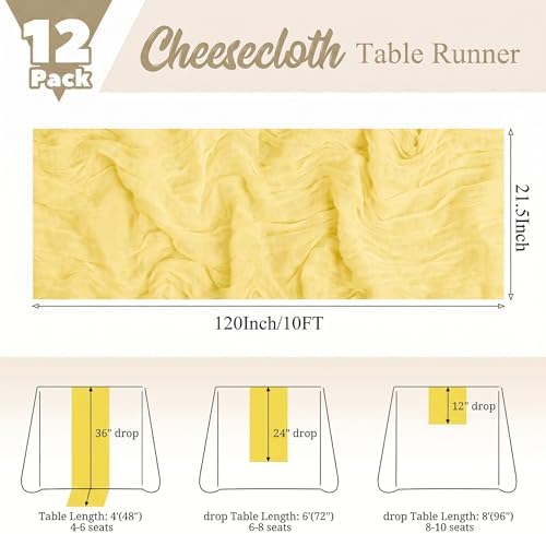 12 Pack Yellow Table Runner 10Ft Cheesecloth Table Runner Rustic Gauze Table Runners Romantic Long Sheer Fabric Cheese Cloth Table Runners for Wedding Party Bridal Baby Shower - Image 2