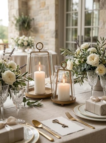 Brass T-Shape Glass Cloche Candle Holder Set of 2, Clear Hurricane Candle Lantern with Ring Handle, Decorative Bell Jar Candle Cover for Pillar Candles, Table Centerpiece Home Decor - Image 5