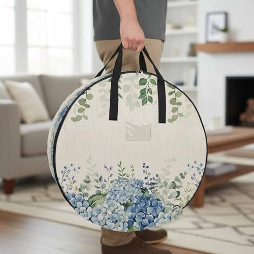 24 Inch Round Storage Bag 1 Pack,Blue Hydrangea Flower Green Eucalyptus Leaves Waterproof Wreath Storage Container with Handles&Zipper Retro Linen Closet Organizer Bags Garland Box by Unknown