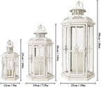 JHY DESIGN Set of 3 Decorative Candle Lanterns 20''&14"&10" H Outdoor Candle Lanterns Vintage Metal Cand leholder for Indoor Outdoor, Events, Parities and Weddings(White with Gold Brush) - Image 3